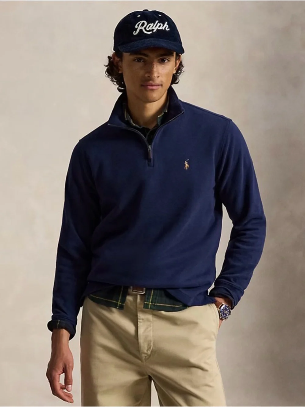 Polo by Ralph Lauren Navy Quarter-Zip with Green Plaid Collar L/ G